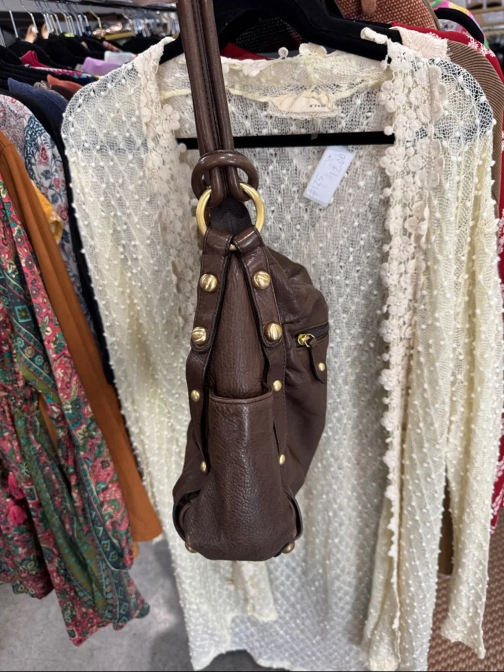 Clarks Dark Brown Leather Shoulder Bag with Gold-Tone Studs